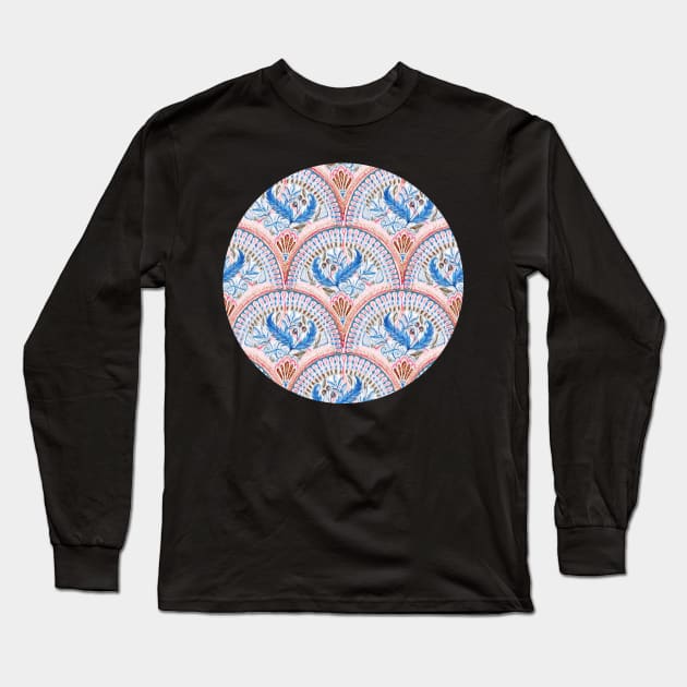 Art Deco Fresco in Sky Blue and Coral Long Sleeve T-Shirt by micklyn